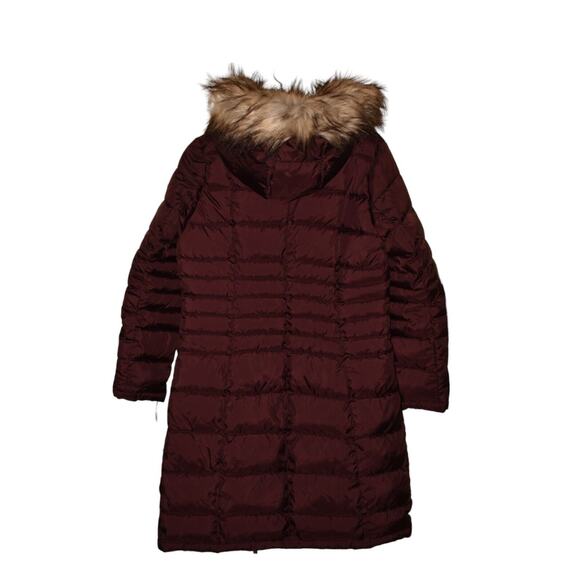 CALVIN KLEIN NEW $299 Long Quilted Parka Coat Burgundy Fur Trim Hood Small - Picture 2 of 4